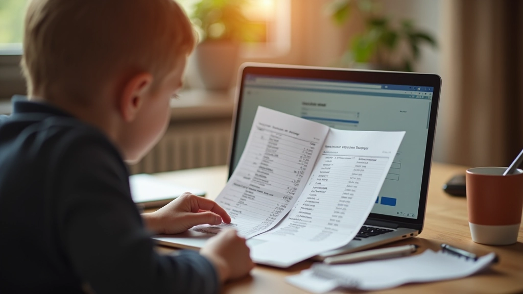 Eltern und Kind überprüfen Einkaufsquittungen und Ausgaben in einer Budgetierungstabelle am Laptop