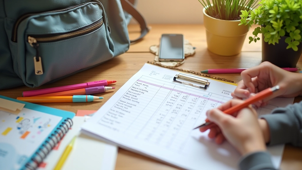 Schulranzen, Hefte und Schreibutensilien auf einem Schreibtisch mit Budgetplan