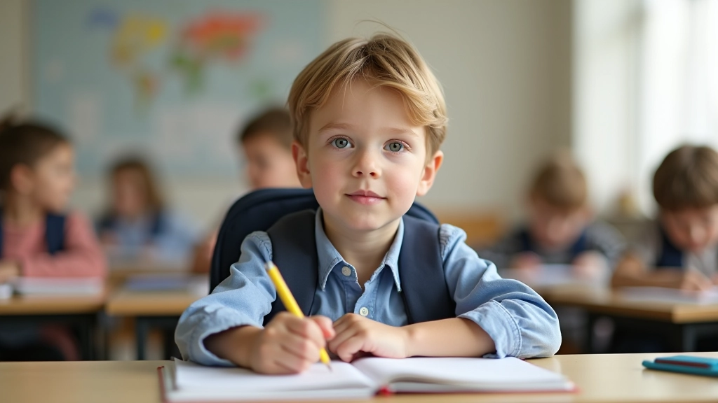 Kind mit neuem Schulranzen und Schreibutensilien sitzt an einem Schreibtisch mit Budget-Notizen