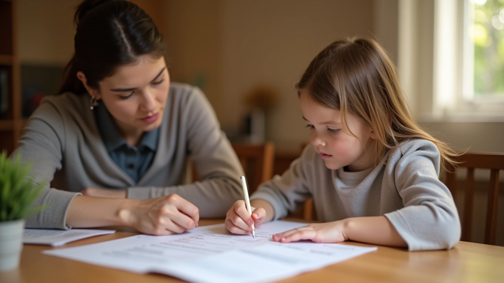 Eltern und Schüler schauen zusammen auf einen handschriftlichen Schulbudget-Plan am Esstisch