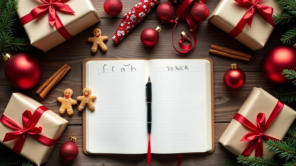 Verschiedene Weihnachtsgegenstände auf Holztisch — Geschenke, Dekoration, Essensauswahl, Weihnachtskarten und Notizblock mit Zahlen