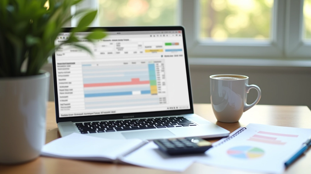 Budgetplanungs-Arbeitsbereich mit modernen Finanztools und Organisationsmaterialien