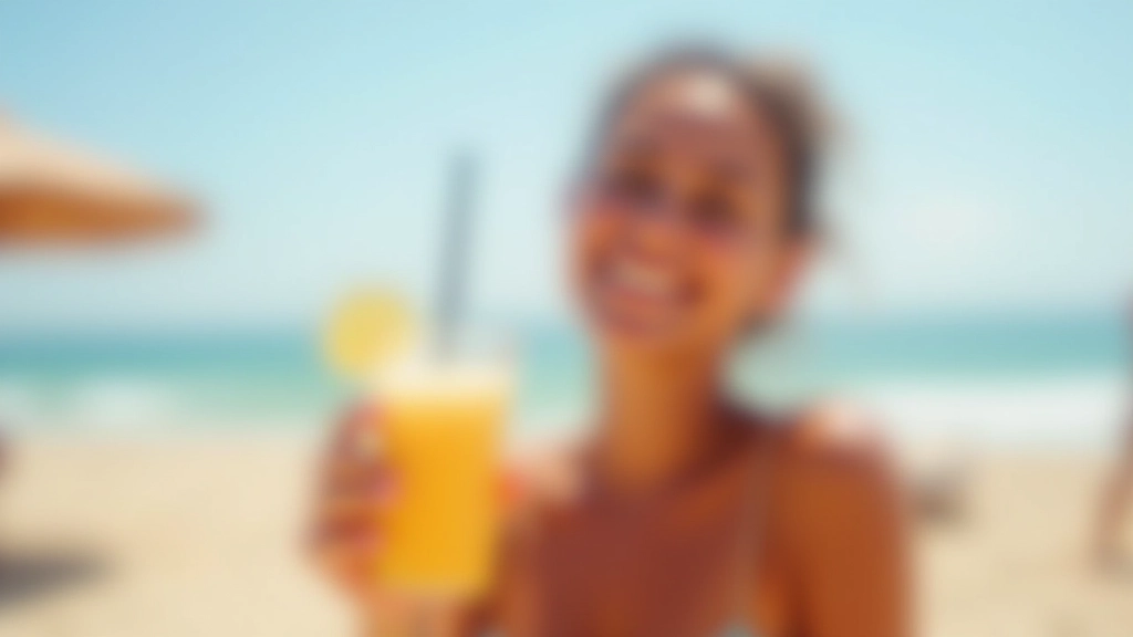 Reisender entspannt am Strand mit Getränk, Familie im Hintergrund