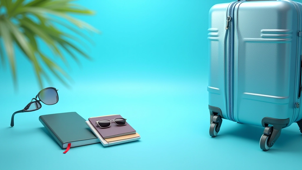 Koffer, Reisepass und Sonnenbrille auf blauem Hintergrund mit Reisebudget-Notizen