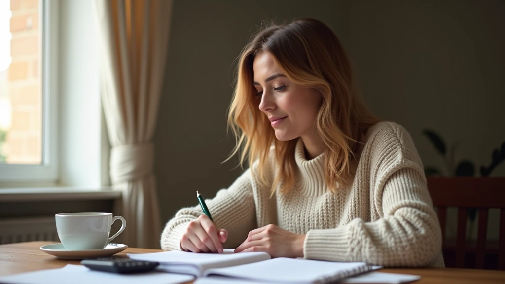 Frau sitzt am Schreibtisch mit Kaffee und Notizbuch, arbeitet an ihrer Budgetplanung mit Taschenrechner und Stift