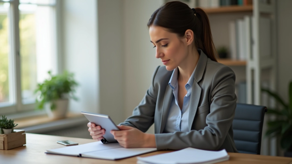 Frau mit Tablet und Budgetplan an einem Schreibtisch mit Kaffee und Notizen